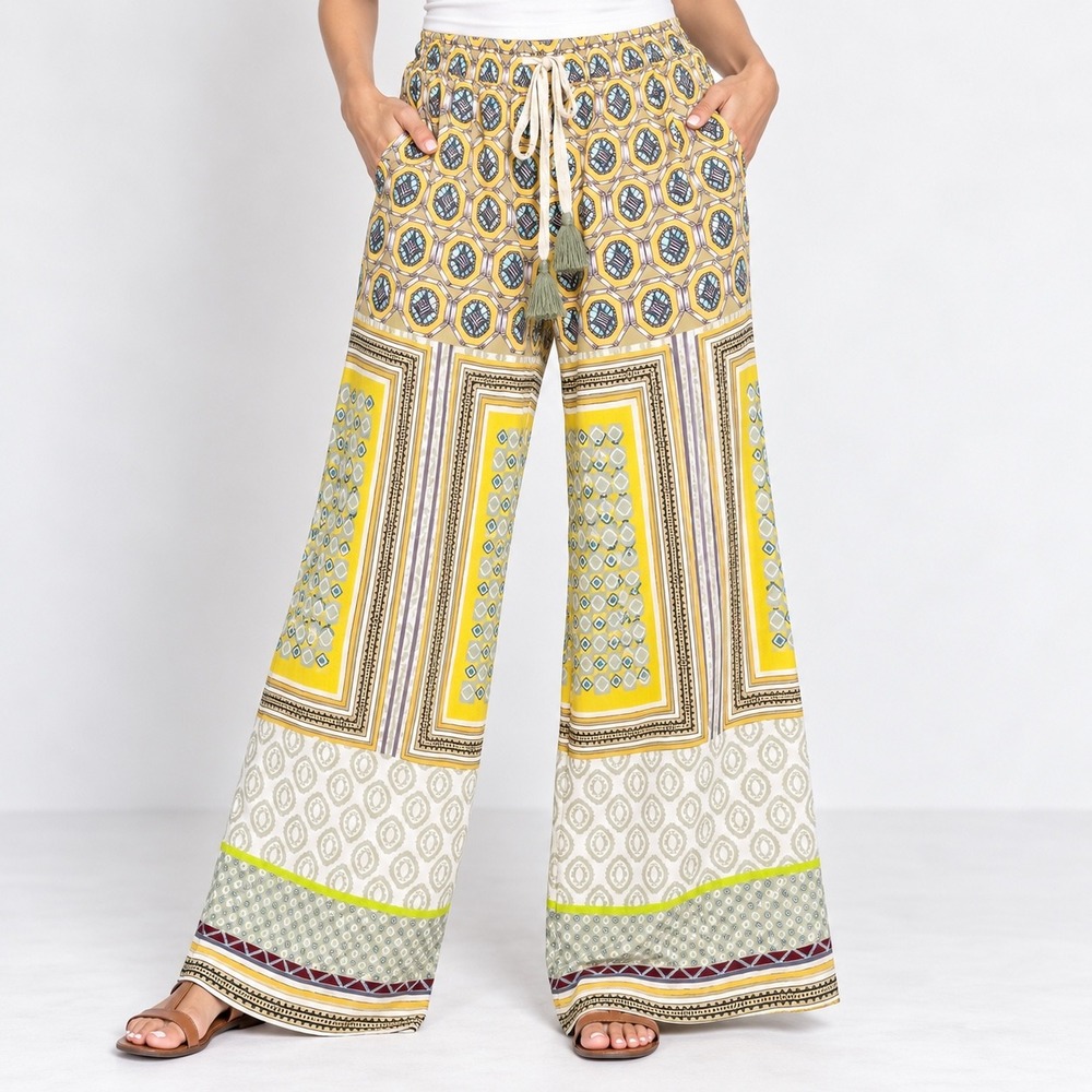 Johnny Was Wide Leg Pants Womens M Yellow Multi Pattern Tassel Drawstring Boho